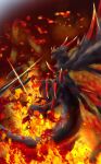  black_skin black_wings colored_skin digimon digimon_(creature) dragon fangs fire glint glowing highres nigreenwalker no_humans red_background solo talons volcanicdramon wings yellow_eyes 