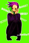  1boy asymmetrical_hair corded_phone freckles full_body green_background hand_on_own_cheek hand_on_own_face jojo_no_kimyou_na_bouken knees_up long_sleeves looking_to_the_side male_focus muchooooo pants phone purple_hair ribbed_sweater short_hair sitting solo sweater vento_aureo vinegar_doppio yellow_eyes 