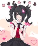  1girl ame-chan_(needy_girl_overdose) black_eyes black_hair black_ribbon black_skirt collared_shirt commentary_request cowboy_shot cursor hair_ornament hair_over_one_eye hands_up heart highres hy_(fjvlg) korean_commentary long_hair looking_at_viewer neck_ribbon needy_girl_overdose pixel_heart rabbit red_shirt ribbon shirt skirt smile solo standing suspender_skirt suspenders tongue tongue_out twintails x_hair_ornament 