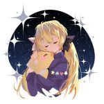  1girl blonde_hair blue_sweater blush_stickers closed_eyes closed_mouth club_(shape) dokibird_(vtuber) dragoon_(dokibird) heart hug indie_virtual_youtuber kirai_illust long_hair long_sleeves sky spade_(shape) star_(sky) star_(symbol) starry_background starry_sky sweater twintails upper_body virtual_youtuber white_background 