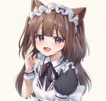  1girl :d animal_ear_fluff animal_ears apron bangs black_dress black_hairband blush brown_background brown_hair cat_ears chyoling collared_dress commentary_request dress eyebrows_visible_through_hair frilled_apron frilled_hairband frills grey_eyes hairband hand_up long_hair looking_at_viewer maid maid_apron open_mouth original puffy_short_sleeves puffy_sleeves short_sleeves simple_background smile solo two_side_up white_apron wrist_cuffs 