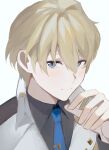  1boy absurdres black_shirt blonde_hair blue_eyes blue_necktie blush closed_mouth collared_shirt commentary_request hair_between_eyes hand_up highres holostars jacket kishido_temma kishido_temma_(1st_costume) light_smile looking_at_viewer male_focus mg_ytm necktie portrait shirt short_hair smile solo virtual_youtuber white_background 