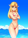  1girl absurdres bangs bikini blonde_hair blue_eyes blue_sky breasts circlet cleavage commentary covered_nipples crossed_arms day earrings english_commentary forehead_jewel highleg highleg_bikini highres jewelry lips long_hair looking_away medium_breasts micro_bikini navel nose ocean pointy_ears pout princess_zelda red_bikini ronindude shiny shiny_skin sky solo spaghetti_strap standing straight_hair strap_gap swimsuit the_legend_of_zelda thick_eyebrows triangle_earrings water watermark web_address wide_hips 