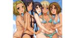  5girls :d akiyama_mio aqua_bikini bad_source bikini black_bikini black_hair blonde_hair blue_bikini blue_eyes blue_sky blush breasts brown_eyes brown_hair closed_mouth cloud collarbone day forehead hair_between_eyes hairband highres hirasawa_yui hug k-on! kotobuki_tsumugi large_breasts looking_at_viewer medium_breasts menyoujan multiple_girls nakano_azusa navel open_mouth pillarboxed short_hair sky small_breasts smile striped_bikini striped_clothes swimsuit tainaka_ritsu tan teeth tongue twintails upper_teeth_only white_bikini yellow_eyes yellow_hairband 