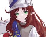  1girl arknights blue_sash commentary_request green_eyes hat highres jacket kiwicci long_hair looking_at_viewer myrtle_(arknights) myrtle_(light_gold_celebration)_(arknights) official_alternate_costume pointy_ears red_hair sash shako_cap shirt simple_background solo white_background white_hat white_jacket white_shirt 