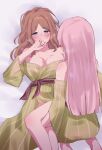  2girls bang_dream! bang_dream!_it&#039;s_mygo!!!!! blush breasts brown_hair chihaya_anon cleavage closed_mouth commentary_request green_kimono grey_eyes hickey highres japanese_clothes kimono kneeling large_breasts long_hair meu203 multiple_girls nagasaki_soyo off_shoulder pink_hair saliva sidelocks yuri 