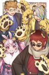  1girl 2022 3boys animal_ears animal_hands arm_up bans black_kimono blue_eyes blue_kimono blush border brown_hair brown_scarf chinese_zodiac closed_mouth commentary_request dice_earrings drop_earrings earrings extra_ears fake_animal_ears frown fur-trimmed_kimono fur_trim gatchmanv glasses gloves gradient_hair grin hair_over_one_eye hand_on_own_hip hand_up hands_up haori highres indie_virtual_youtuber japanese_clothes jewelry kimono long_bangs long_sleeves looking_at_viewer looking_over_eyewear maasa multicolored_eyes multicolored_hair multiple_boys one_eye_covered open_mouth outside_border paw_gloves paw_pose pink_eyes pink_kimono print_kimono rabbit_ears red_eyes red_hair red_kimono scar scar_on_cheek scar_on_face scarf sharp_teeth short_hair smile streaked_hair sunglasses symbol-shaped_eyes teeth tenkai_tsukasa tiger_ears tomari_mari utai_meika v-shaped_eyebrows virtual_youtuber white_border wide_sleeves year_of_the_tiger yellow_eyes 