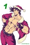  1boy abs alternate_costume bara bare_pectorals battle_tendency black_hair christmas come_hither cowboy_shot fabulous fingerless_gloves gloves hat jojo_no_kimyou_na_bouken joseph_joestar joseph_joestar_(young) konpane_(ohj) large_pectorals looking_at_viewer male_focus muscular muscular_male no_nipples pectorals sanpaku santa_costume santa_hat solo standing thick_eyebrows 