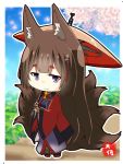  1girl amagi_(azur_lane) animal_ears azur_lane black_hair blue_sky blurry cherry_blossoms chibi commentary_request depth_of_field fox_ears fox_girl fox_tail grey_eyes hair_ornament holding holding_umbrella japanese_clothes kyuubi long_hair long_sleeves looking_at_viewer multiple_tails oriental_umbrella petals signature sky smile solo tail taisa_(kari) thick_eyebrows translation_request tree umbrella wide_sleeves 