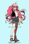  1girl :d antenna_hair arm_up backpack bag bangs belt black_belt black_footwear black_jacket blonde_hair blue_background brown_background collarbone commentary criis-chan danganronpa denim denim_shorts eyewear_on_head full_body glasses hair_between_eyes iruma_miu jacket long_hair long_sleeves looking_at_viewer new_danganronpa_v3 open_clothes open_jacket open_mouth pink_jacket shirt shoes shorts simple_background smile sneakers socks solo standing symbol_commentary twitter_username white_footwear white_shirt 