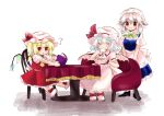  3girls ? apron bat_wings blonde_hair blue_hair book closed_eyes crystal_wings cup flandre_scarlet full_body holding holding_cup izayoi_sakuya maid maid_apron maid_headdress multiple_girls nanakusagayu_(7_kusagayu) open_mouth remilia_scarlet simple_background sitting smile touhou white_background white_mob_cap wings 