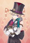  1boy animal aqua_bow argyle_background award_ribbon back_bow black_bow black_capelet black_corset black_gloves black_hat blonde_hair bow bowtie brown_bow brown_bowtie buttons capelet cat center_frills commentary_request corset detached_sleeves facial_mark frilled_shirt_collar frills genshin_impact gloves grey_cat hair_between_eyes hand_up hat holding holding_animal holding_cat long_sleeves looking_at_viewer lyney_(genshin_impact) male_focus non-humanoid_robot outline parted_bangs parted_lips pers_(genshin_impact) pink_background purple_eyes red_bow red_bowtie robot robot_animal shirt short_hair simple_background sleeveless sleeveless_shirt smile solo swept_bangs teardrop_facial_mark top_hat two-tone_gloves white_gloves white_shirt white_sleeves yellow_outline yonaka_(yonaka221) 