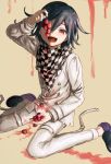  1boy arm_up bangs black_footwear black_hair checkered checkered_neckwear checkered_scarf danganronpa food fruit grapes hair_between_eyes holding holding_food holding_fruit liquid long_sleeves male_focus new_danganronpa_v3 ouma_kokichi pants purple_eyes renshu_usodayo scarf simple_background sitting solo straitjacket 