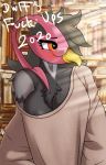  2020 anthro avian beak black_hair blush breasts clothed clothing dunewulff english_text eyewear feathers female glasses hair humor nintendo nipple_slip orange_eyes plumage pok&eacute;mon pok&eacute;mon_(species) solo text unfezant video_games 