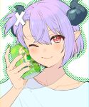  1girl alternate_costume blush can can_to_cheek closed_mouth colored_inner_hair commentary_request demon_horns green_nails green_outline grey_shirt hair_ornament highres holding holding_can horns indie_virtual_youtuber long_pointy_ears looking_at_viewer mimic_(vtuber) multicolored_hair ohitori_(o_hitori_sama_1) one_eye_closed one_side_up outline pink_hair pointy_ears polka_dot_outline purple_hair red_eyes shirt short_hair simple_background smile solo virtual_youtuber white_background x_hair_ornament 