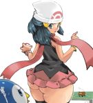  1girl ass bidoof blue_hair blurry blurry_background blurry_foreground dawn_(pokemon) gen_4_pokemon hat looking_back miniskirt open_mouth piplup poke_ball pokemon pokemon_(creature) pokemon_(game) pokemon_dppt puchidori scarf simple_background skindentation skirt solo thick_thighs thighhighs thighs watch wide_hips wristwatch 