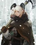  1girl armor axe belt brown_gloves closed_mouth fur_trim gloves herb holding holding_axe holding_weapon horns muraicchi_(momocchi) original outdoors over_shoulder plant pointy_ears purple_eyes short_hair signature snow snowing solo tree weapon weapon_over_shoulder white_hair winter winter_clothes 