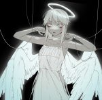  1girl angel bags_under_eyes black_background buttoniris choker commentary dot_nose dress english_commentary halo hands_up highres intravenous_drip multiple_wings open_mouth original pale_color seraph solo spot_color two_(buttoniris) wings 