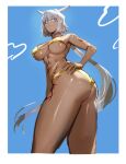  1girl abs ass bikini blue_background blue_eyes body_markings border breasts caenis_(fate) dark-skinned_female dark_skin fate/grand_order fate_(series) from_side gold_bikini golden_week hair_between_eyes hair_intakes hand_on_own_hip highres kasei_yukimitsu large_breasts long_hair looking_at_viewer solo swimsuit thick_thighs thighs toned_female twisted_torso underboob very_long_hair white_border white_hair 