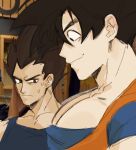  2boys bara dragon_ball dragon_ball_z frisk_(coffezit0s) from_side girl_staring_at_guys_chest_(meme) large_pectorals looking_at_another looking_at_pectorals looking_down male_focus meme multiple_boys muscle_envy muscular muscular_male pectoral_cleavage pectorals photo-referenced photo_background short_hair sketch son_goku sweatdrop upper_body vegeta yaoi 