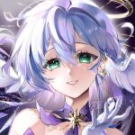  1girl aqua_eyes bare_shoulders bat_wings earrings face_jewel fangwan floating_hair gloves hair_between_eyes halo hand_up highres honkai:_star_rail honkai_(series) jewelry long_hair looking_at_viewer open_mouth purple_hair robin_(honkai:_star_rail) smile solo upper_body white_gloves white_wings wings 