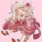  1girl bad_id bad_twitter_id blonde_hair bloomers chaos_marie_(grimms_notes) chibi flower_ornament full_body grimms_notes hair_ribbon highres long_hair open_mouth pink_eyes puffy_short_sleeves puffy_sleeves red_footwear ribbon shoes short_sleeves solo u_umiuchi 