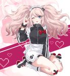  1girl apron bear_hair_ornament blonde_hair blue_eyes bow breasts danganronpa:_trigger_happy_havoc danganronpa_(series) enoshima_junko hair_ornament hand_up highres hy_(fjvlg) large_breasts long_hair looking_at_viewer nail_polish red_bow red_nails smile twintails waist_apron 