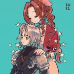  1boy 1girl aerith_gainsborough aged_down aqua_background armor bangle black_jacket black_shirt bracelet braid braided_ponytail brown_hair chest_strap choker closed_eyes cropped_jacket dated dress final_fantasy final_fantasy_vii final_fantasy_vii_remake flower_choker grey_hair hair_ribbon hand_on_another&#039;s_head hand_on_another&#039;s_shoulder highres jacket jewelry long_hair nobu_(25mark) parted_bangs parted_lips pink_dress pink_ribbon red_jacket ribbon sephiroth shirt short_hair short_sleeves shoulder_armor sidelocks single_braid smile sparkle turtleneck upper_body wide-eyed 