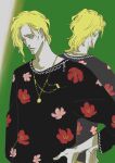  1boy black_shirt bleach bleach:_sennen_kessen-hen blonde_hair chain chain_necklace floral_print flower full-length_mirror hand_on_own_hip highres jewelry kubo_tite long_sleeves male_focus mirror necklace official_alternate_costume official_art pink_flower red_flower reflection shirt short_hair upper_body 