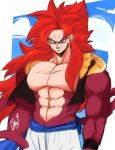  1boy abs bara bare_pectorals body_fur cowboy_shot dragon_ball dragon_ball_gt flexing_pectorals gogeta highres large_pectorals long_hair looking_at_viewer male_focus metamoran_vest monkey_boy monkey_tail muscular muscular_male navel pectorals red_fur red_hair sake_(sak3_xml) sanpaku solo spiked_hair super_saiyan super_saiyan_4 tail thick_eyebrows v-shaped_eyebrows v-taper very_long_hair 