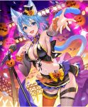  1girl :d animal_ear_fluff animal_ears armpits asymmetrical_legwear bare_shoulders bat_(animal) bat_wings black_hat black_sleeves black_tank_top blue_eyes blue_hair blue_tail blush bow breasts cat_ears cat_girl cat_tail cleavage collar colored_inner_hair confetti crown detached_collar detached_sleeves evertale fishnet_thighhighs fishnets frilled_collar frilled_tank_top frilled_wrist_cuffs frills hair_between_eyes halloween hat idol jack-o&#039;-lantern large_breasts linea_alba looking_at_viewer microphone microphone_stand midriff mini_crown mini_hat mini_top_hat miniskirt mirai_(evertale) mismatched_legwear mismatched_thighhighs multicolored_hair music navel neck_ribbon official_alternate_costume official_art open_mouth orange_sky orange_thighhighs orange_wrist_cuffs plaid plaid_skirt pumpkin pumpkin_hat purple_hair purple_ribbon reaching reaching_towards_viewer ribbon short_hair side_slit singing skirt sky smile solo stage stage_lights standing stomach tail tail_raised tank_top teeth teffish thighhighs tongue top_hat two-tone_hair upper_teeth_only wings wrist_cuffs yellow_bow 