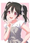  1girl :d absurdres black_hair blush border dot_nose dress grey_dress grey_ribbon hair_ribbon hand_on_hip head_tilt highres looking_at_viewer love_live! love_live!_school_idol_project medium_hair open_mouth outline pink_background red_eyes ribbon sekina shirt smile solo strapless strapless_dress twintails upper_body v white_border white_outline white_shirt yazawa_nico 