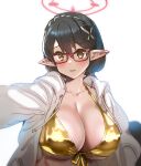  1girl absurdres alternate_breast_size alternate_costume ayane_(blue_archive) bikini black_hair blue_archive bow_(bhp) braid breasts collarbone glasses gold_bikini hair_ornament halo highres large_breasts long_sleeves looking_at_viewer open_clothes open_shirt red-framed_eyewear red_halo revision selfie shirt short_hair simple_background smile solo swimsuit upper_body white_background white_shirt 