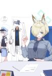  1boy 2girls ? animal_ears black_shirt blonde_hair blue_archive blue_eyes blue_halo blue_hat blue_necktie blue_shirt blue_skirt book breasts chair coat collared_shirt cup dog_ears doodle_sensei_(blue_archive) extra_ears faceless gloves hair_over_one_eye halo hand_on_own_stomach hat highres holding holding_cup holding_ruler kanna_(blue_archive) large_breasts light_blush lonklink loose_necktie mug multiple_girls necktie pants pen_spinning penis_measuring police police_uniform ruler sensei_(blue_archive) shirt short_hair sitting skirt speech_bubble sweatdrop table uniform valkyrie_police_academy_student_(blue_archive) vest white_coat white_gloves white_hair white_hat white_pants white_shirt 