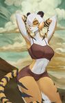  anthro arm_tuft breasts countershade_face countershade_torso countershading elbow_tuft eyes_closed felid female fur hair hair_over_eye hands_behind_head hi_res mammal markings midriff navel one_eye_obstructed pantherine refegi solo striped_markings stripes tiger tuft 