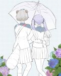  2girls animal_ears arm_around_waist arm_hug bag blazer blue_background blue_flower commentary facing_away feet_out_of_frame flower from_behind grey_hair grey_jacket hair_ribbon highres holding holding_umbrella hydrangea jacket kneehighs leaf leaf_on_head long_hair matching_outfits mochi_hiyoko mochipro mode_aim multiple_girls ohitori_(o_hitori_sama_1) partially_colored pink_flower pleated_skirt polka_dot polka_dot_background ponpoko_(vtuber) purple_flower purple_hair raccoon_ears raccoon_girl raccoon_tail ribbon school_bag school_uniform shared_umbrella short_hair shoulder_bag skirt socks symbol-only_commentary tail transparent transparent_umbrella twintails umbrella virtual_youtuber walking yuri 