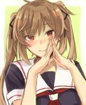  1girl absurdres black_serafuku blush brown_eyes close-up eyebrows_visible_through_hair hagioshi hands_together highres kantai_collection light_brown_hair long_hair looking_at_viewer murasame_(kantai_collection) neckerchief red_neckwear school_uniform serafuku smile solo twintails upper_body 