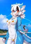 anthro beach bikini blush breasts clothed clothing dragon female fur hair hi_res horn looking_at_viewer mythological_creature mythological_scalie mythology outside scalie seaside smile solo swimwear tail tongue water wolflong wolflong_(character)