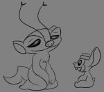  2020 alien antennae_(anatomy) artbro black_and_grey chest_tuft clothing digital_drawing_(artwork) digital_media_(artwork) disney duo experiment_(lilo_and_stitch) eye_contact forked_antennae fur grey_background hat hat_only headgear headgear_only headwear headwear_only kneeling lilo_and_stitch looking_at_another monochrome mostly_nude open_mouth open_smile simple_background sitting size_difference sketch small_tail smile sparky_(lilo_and_stitch) squeak_(lilo_and_stitch) tuft 