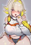  1girl :3 absurdres blonde_hair breasts colored_inner_hair da3iann detached_sleeves elegg_(nikke) fangs fellatio_gesture fingernails goddess_of_victory:_nikke grey_background grey_shorts hair_intakes hair_over_one_eye hand_on_own_thigh highres huge_breasts long_bangs micro_shorts muffin_top multicolored_hair navel purple_eyes saliva shirt short_hair shorts sitting solo suspenders tongue tongue_out white_shirt 