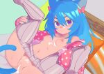  1girl :&lt; after_vaginal animal_ears blue_hair blush bow breasts cat_ears cat_girl cat_tail cleft_of_venus clothes_pull commission cum cum_in_pussy cum_on_body cum_on_breasts cumdrip facial hair_bow highres jacket legs_up lolicom long_hair looking_at_viewer lying navel nipples on_back open_clothes open_jacket original pantyhose pantyhose_pull purple_eyes pussy skeb_commission small_breasts solo spread_legs tail 