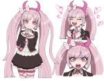  1girl angry blush bow closed_eyes closed_mouth collared_shirt danganronpa drooling empty_eyes eyebrows_visible_through_hair fake_horns frilled_sleeves frills furrowed_eyebrows hair_bow hairband heart highres horns long_hair multiple_views omochi_ksw open_mouth pink_eyes pink_hair polka_dot polka_dot_bow saliva shirt simple_background skirt smile striped striped_legwear twintails upper_teeth utsugi_kotoko v-shaped_eyebrows very_long_hair white_background zettai_zetsubou_shoujo 