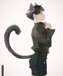  1boy adjusting_bowtie animal_ears belt bishounen black_hair black_shirt black_shorts bow bowtie cat_boy cat_ears cat_tail closed_mouth collared_shirt expressionless highres long_sleeves male_focus original qxq_illus red_bow red_bowtie shirt short_hair shorts simple_background solo tail white_background 