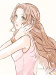  1girl aerith_gainsborough alternate_hairstyle artist_name bangle bare_shoulders blush bracelet breasts dress final_fantasy final_fantasy_vii final_fantasy_vii_rebirth final_fantasy_vii_remake green_eyes hair_ornament hairclip hand_in_own_hair highres jewelry long_hair looking_at_viewer medium_breasts omochi_daisuki parted_bangs parted_lips pink_dress sidelocks solo upper_body wavy_hair 