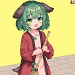  1girl 999_(hansode) animal_ears blush broom brown_dress commentary dog_ears dog_girl dog_tail dress green_eyes green_hair highres holding holding_broom kasodani_kyouko long_sleeves looking_at_viewer open_mouth pixel_art simple_background solo tail touhou yellow_background 