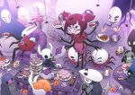  arthropod_girl bano_akira black_eyes black_hair black_skin blank_eyes bow bug cloak colored_skin cup doughnut extra_arms extra_eyes fangs food full_body holding holding_teapot hollow_eyes hollow_knight hornet_(hollow_knight) horns knight_(hollow_knight) mask monster_girl muffet multiple_others no_humans purple_skin red_cloak short_hair silk smile spider spider_girl spider_web standing teacup teapot two_side_up undertale 