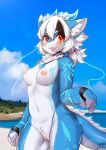  anthro areola beach blush breasts dragon female fur genitals hair hi_res horn looking_at_viewer mythological_creature mythological_scalie mythology nipples nude outside pussy scalie seaside smile solo tail tongue water wolflong wolflong_(character) 