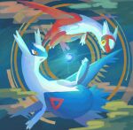  blue_background blue_wings dragon full_body glowing highres keruasu0629 latias latios no_humans pokemon pokemon_(creature) red_eyes red_wings rotational_symmetry wings yellow_eyes 