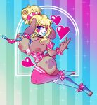 absurd_res anthro big_breasts bimbofication breasts clothed clothing clown clown_makeup female flashing flashing_breasts hi_res lagomorph legwear leporid lipstick looking_at_viewer makeup mammal nipples one_eye_closed rabbit simple_background solo swampspectre thigh_highs wink