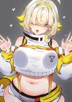  :3 absurdres against_fourth_wall ahoge bare_shoulders belt_pouch blonde_hair breast_press breasts colored_inner_hair crop_top da3iann detached_sleeves elegg_(nikke) fangs fingernails goddess_of_victory:_nikke grey_background grey_shorts hair_over_eyes hands_up hashtag-only_commentary high_collar highres huge_breasts invisible_wall light_blush looking_at_viewer micro_shorts midriff muffin_top multicolored_hair navel open_hands open_mouth plump pouch purple_eyes shirt short_hair shorts sleeveless sleeveless_shirt suspenders white_shirt yellow_bag 